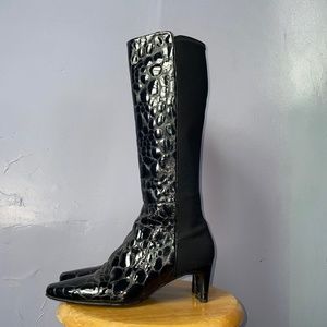 Stuart Weitzman patent leather crocodile stretch knee-high point toe boots